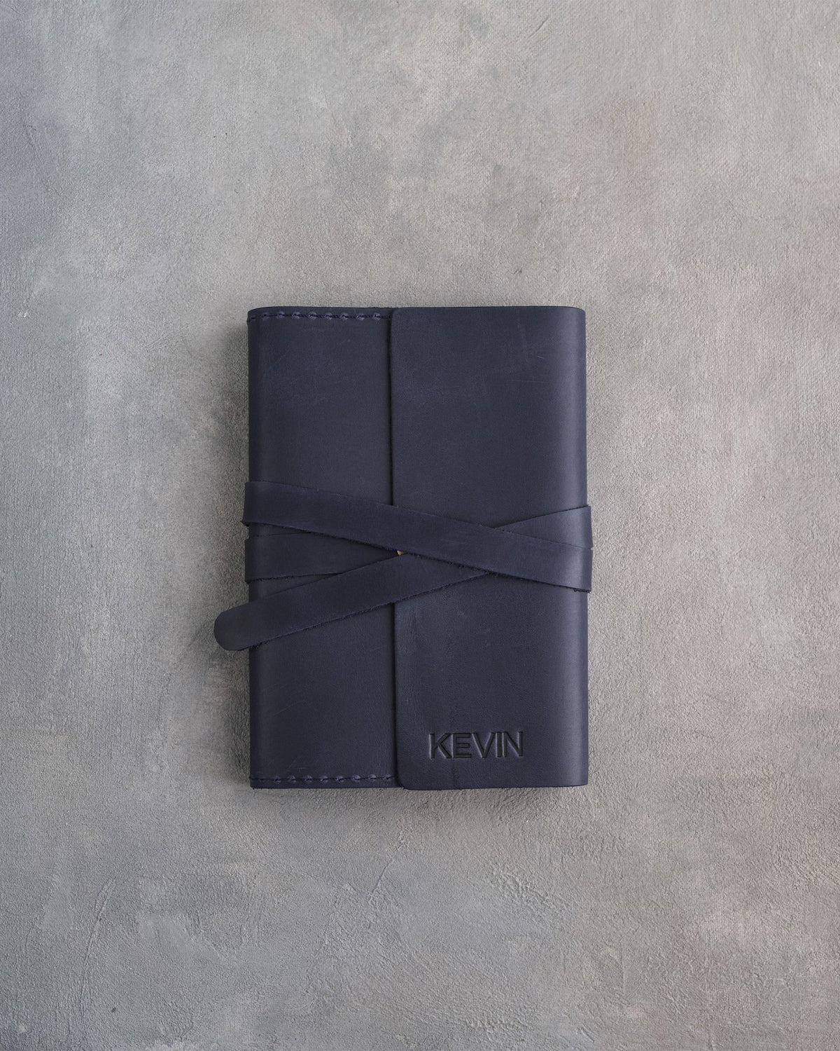 Blueberry leather journal, Small size, front with a debossed name
