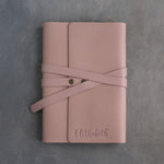 Blush leather journal, Medium size, front with a debossed name