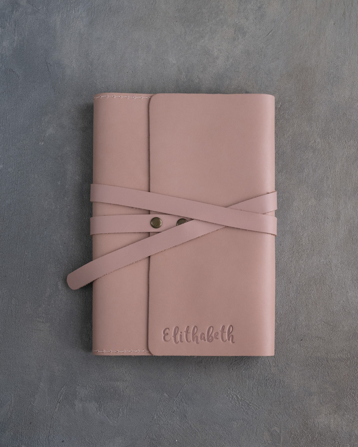 Blush leather journal, Medium size, front with a debossed name