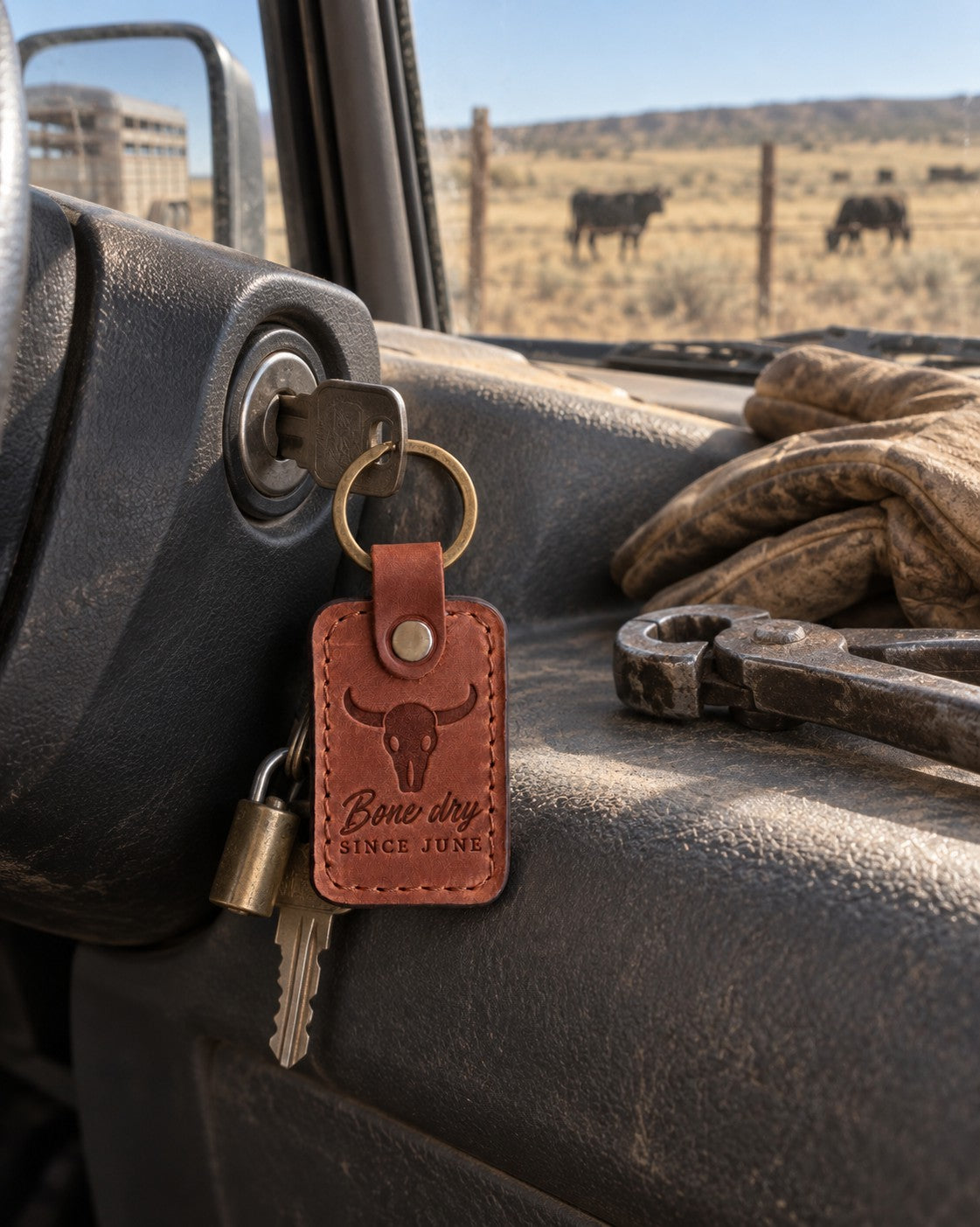 Arizona Bone dry SINCE JUNE keychain on a ranch truck's ignition key, a dry pasture and fence line through the windshield