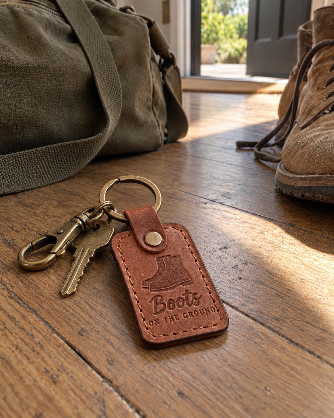 Tan Boots on the Ground keychain clipped to a duffel bag strap on an airport bench