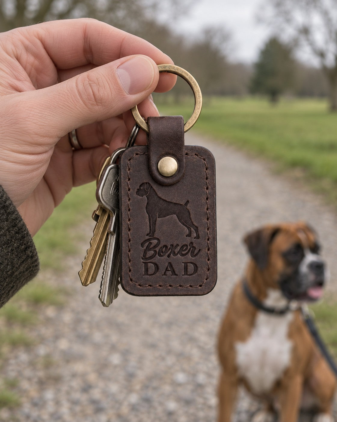 Dark espresso Boxer Dad leather keychain held in a warm everyday setting