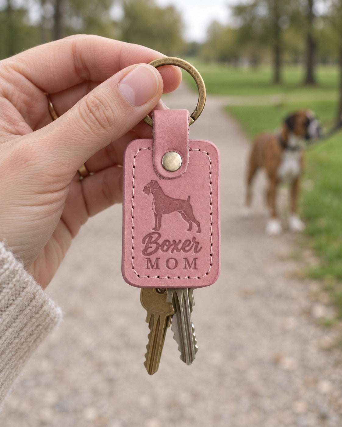 Parisian Blossom pink Boxer Mom leather keychain placed in a warm everyday setting