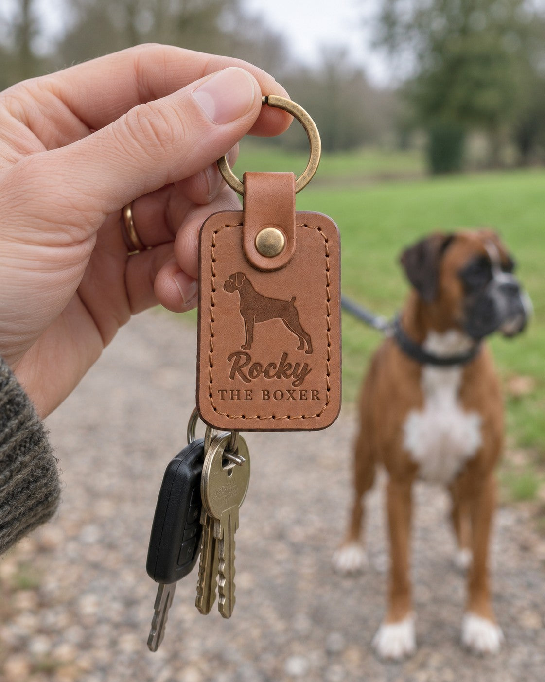 Caramel Rocky the Boxer keychain held in a warm everyday setting