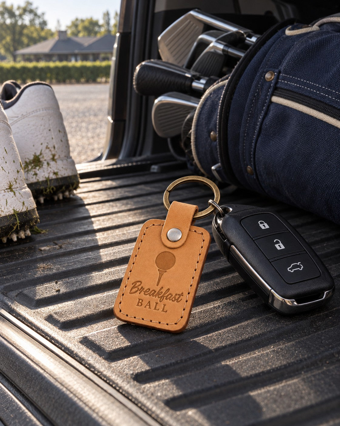 Breakfast Ball keychain in golden tan leather beside a coffee cup and a golf ball on a first tee bench at sunrise