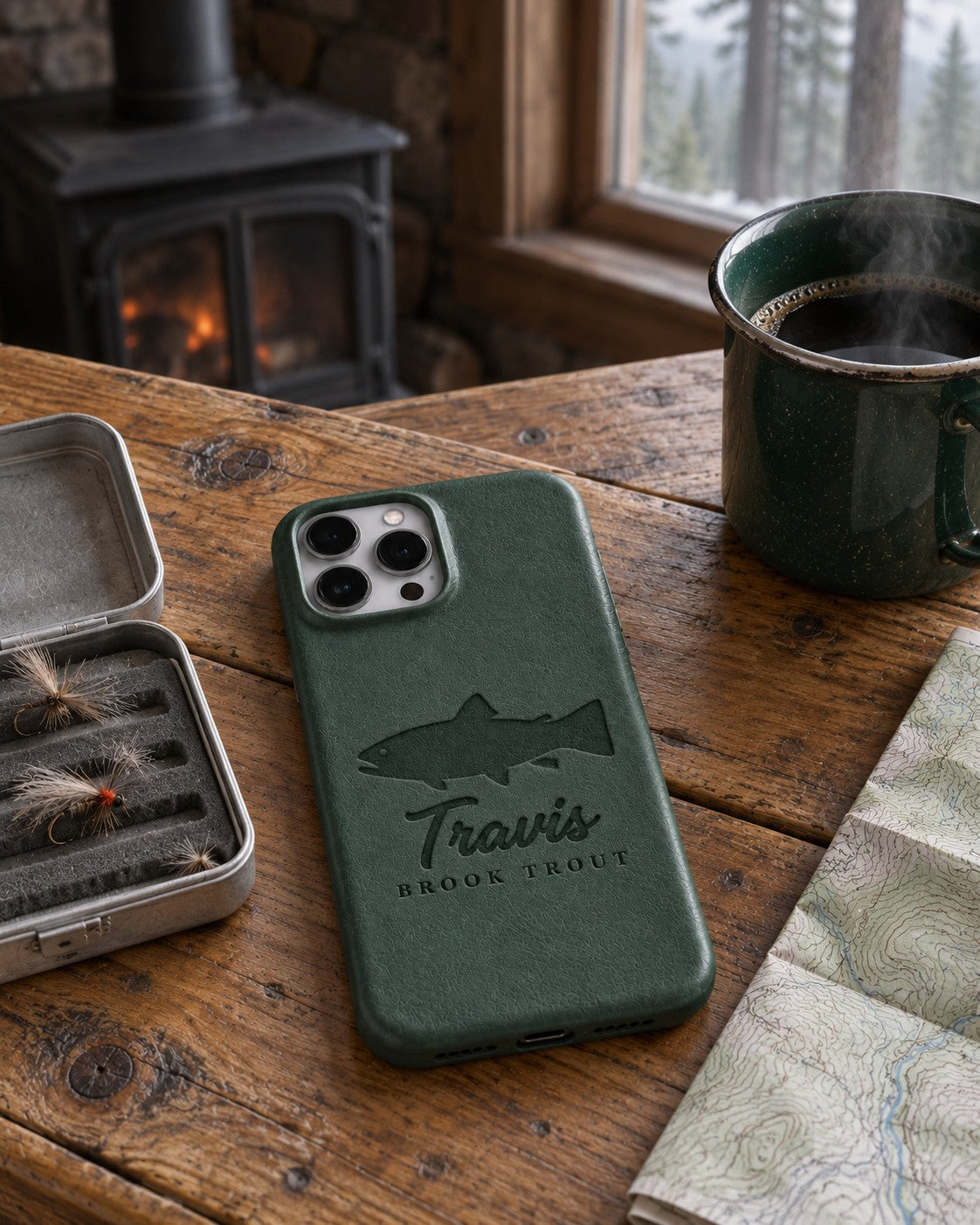 Forest green Travis BROOK TROUT iPhone case in full-grain leather on a knotty pine cabin table beside an open fly box and a green enamel coffee mug