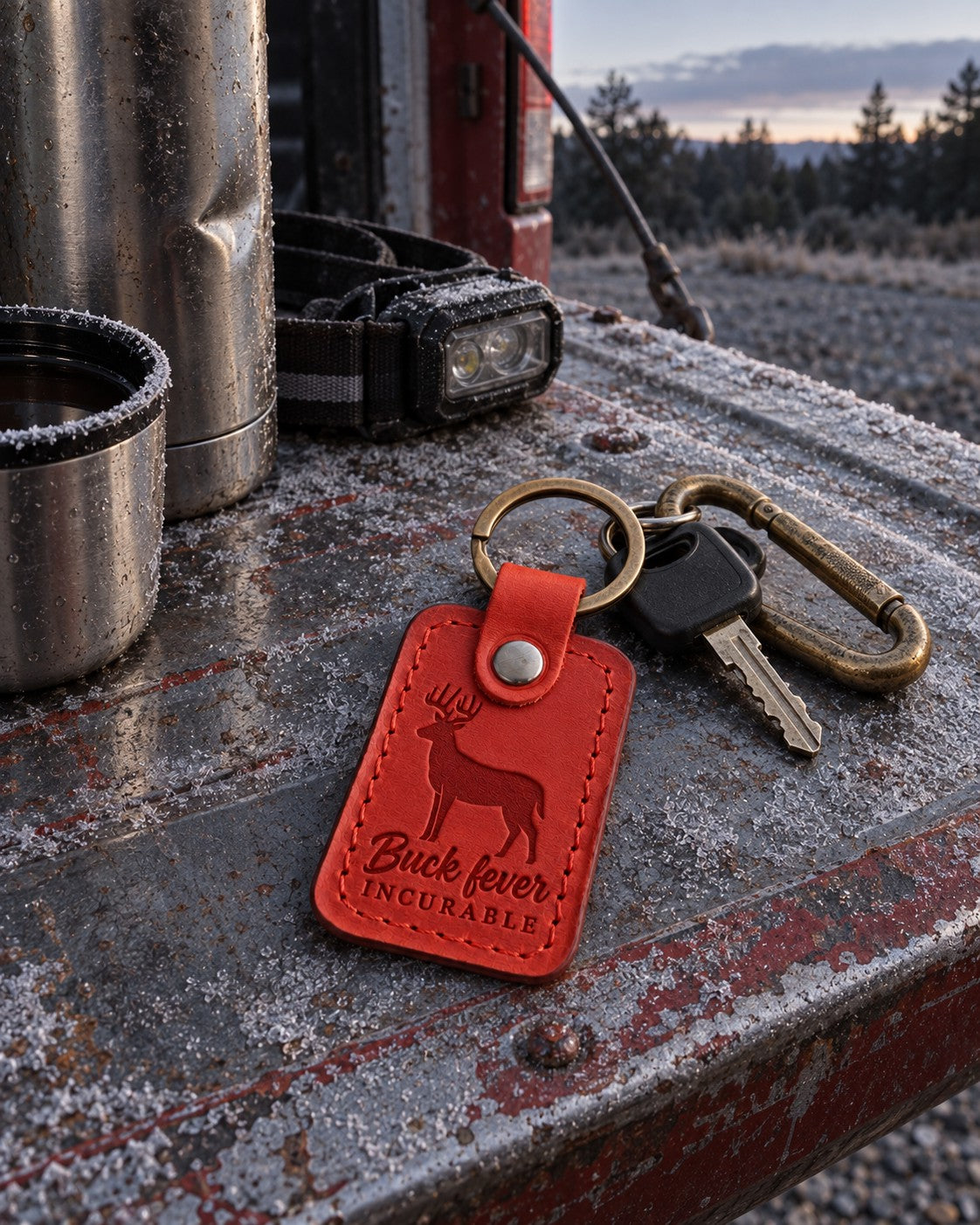 Red Buck Fever keychain hanging from the ignition of an old pickup with frost on the windshield