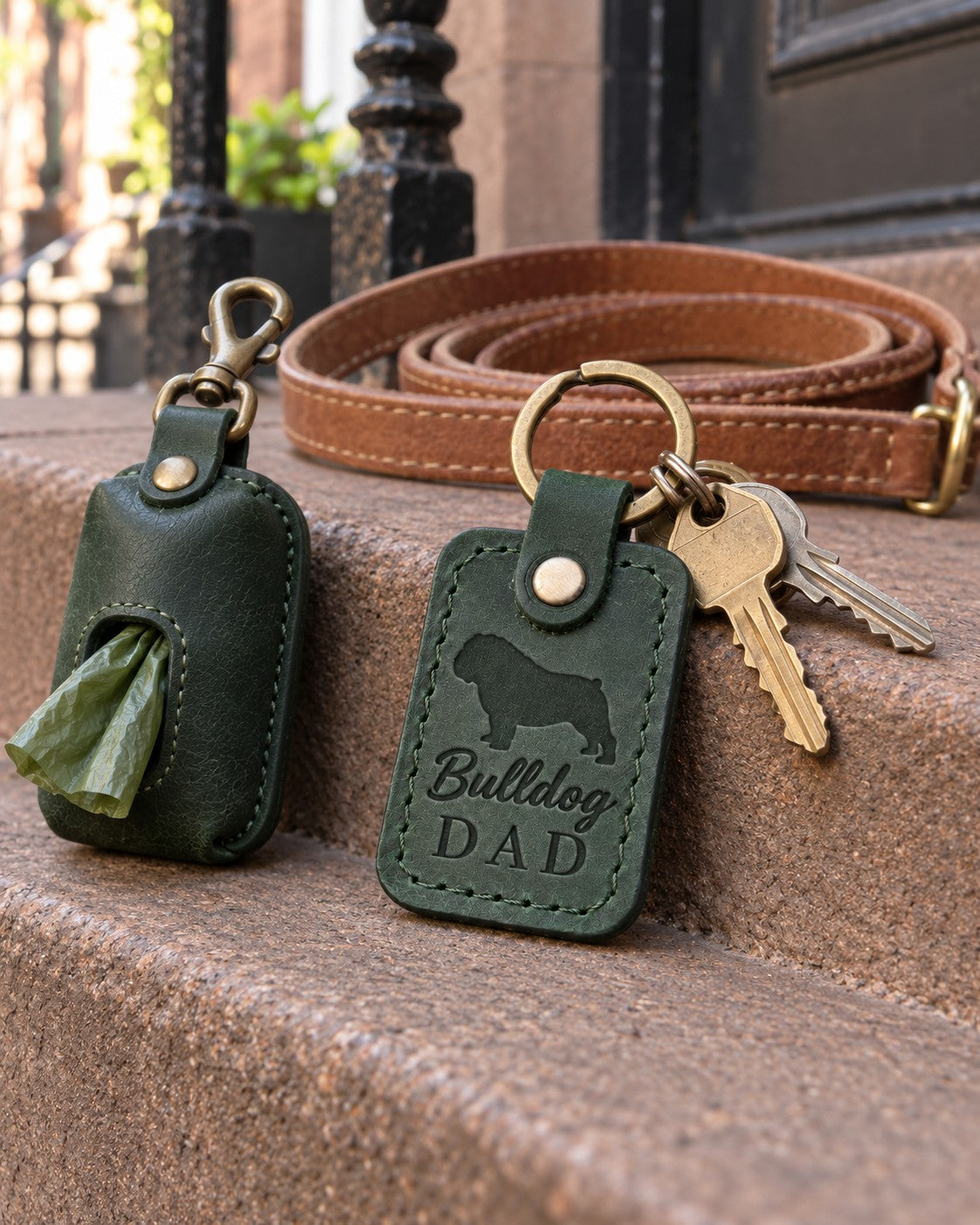 Green Bulldog Dad keychain on the couch cushion beside a TV remote on a lazy afternoon
