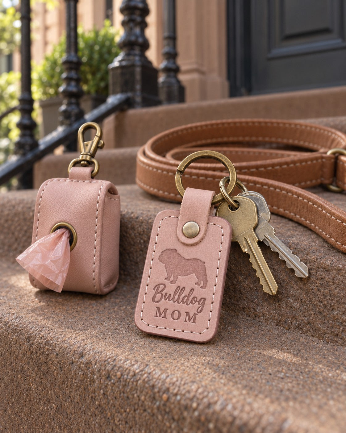 Pink Bulldog Mom keychain on a sofa arm beside a soft wrinkle-wipe towel
