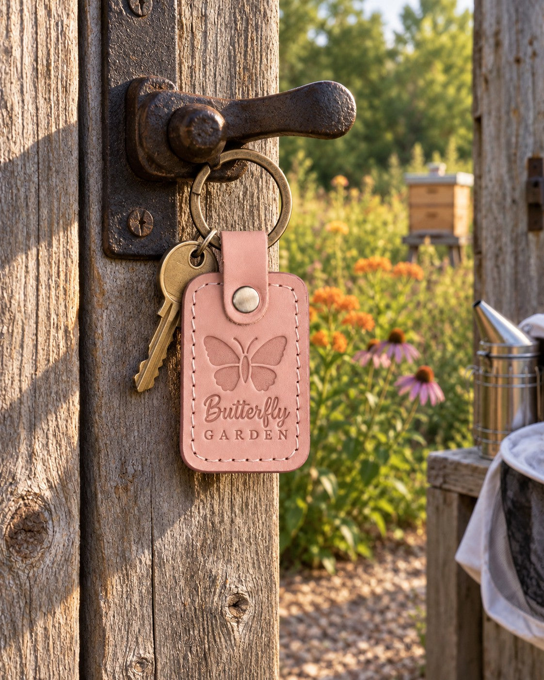 Pale pink butterfly keychain on a garden bench beside a pot of blooming lavender in afternoon sun