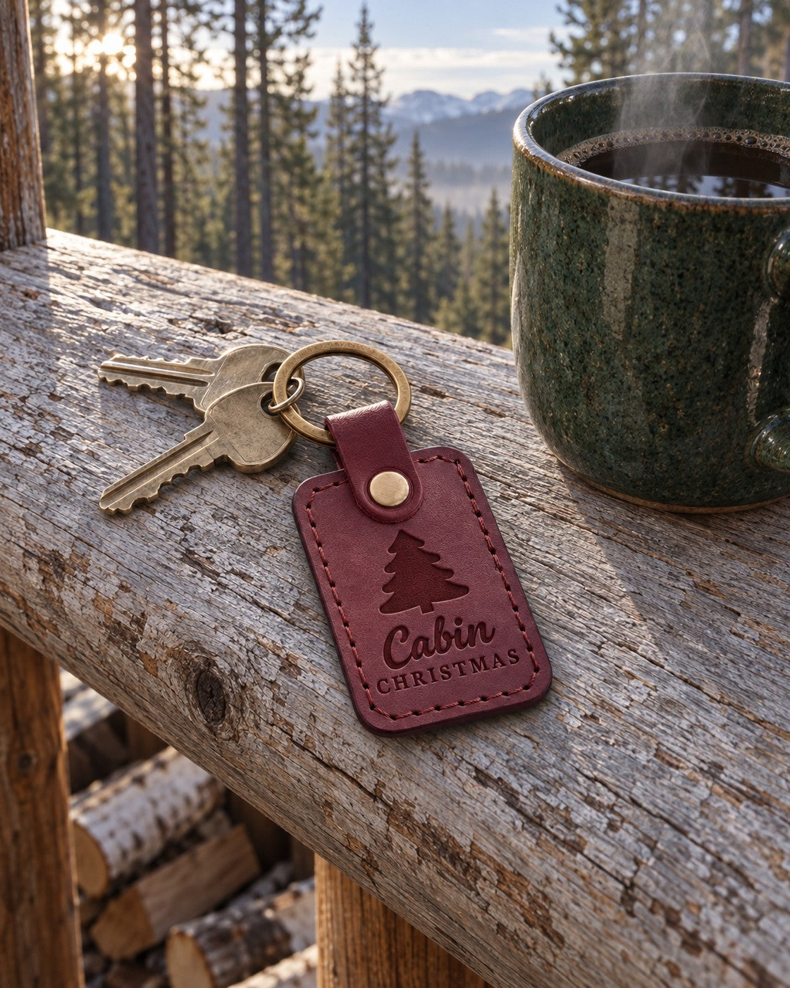 Cabin Christmas keychain in wine red leather on an iron key hanging from a cabin door latch with snow on the step