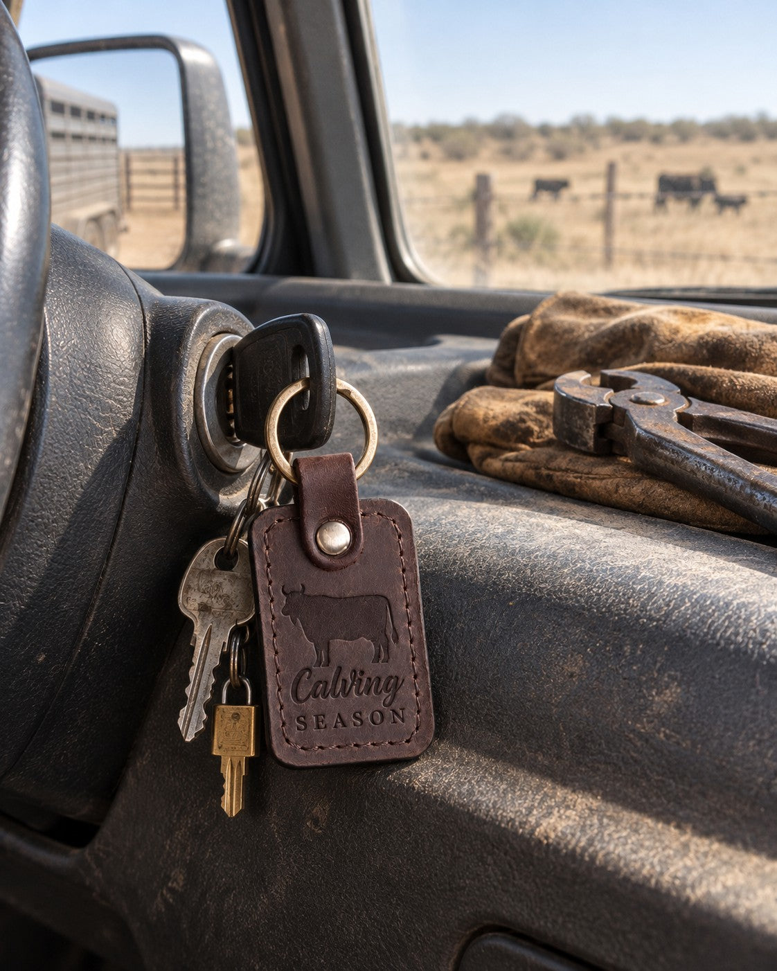 Dark espresso Calving SEASON keychain on the ignition key of a ranch pickup, work gloves on the dash and a pasture through the windshield