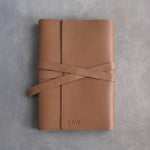 Caramel leather journal, Medium size, front with a debossed name