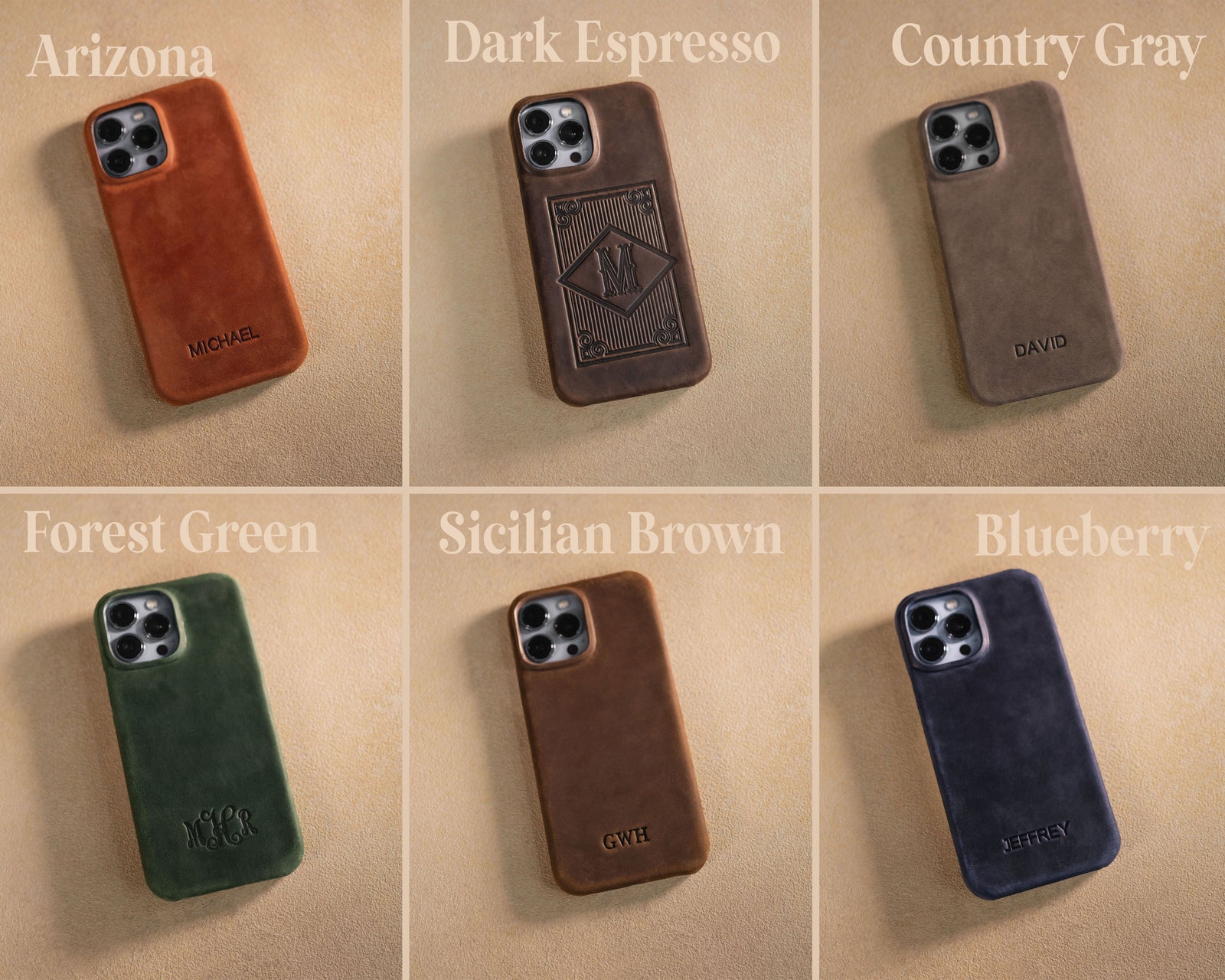Leather iPhone case shown in a range of leather colors
