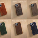 Leather iPhone case shown in a range of leather colors