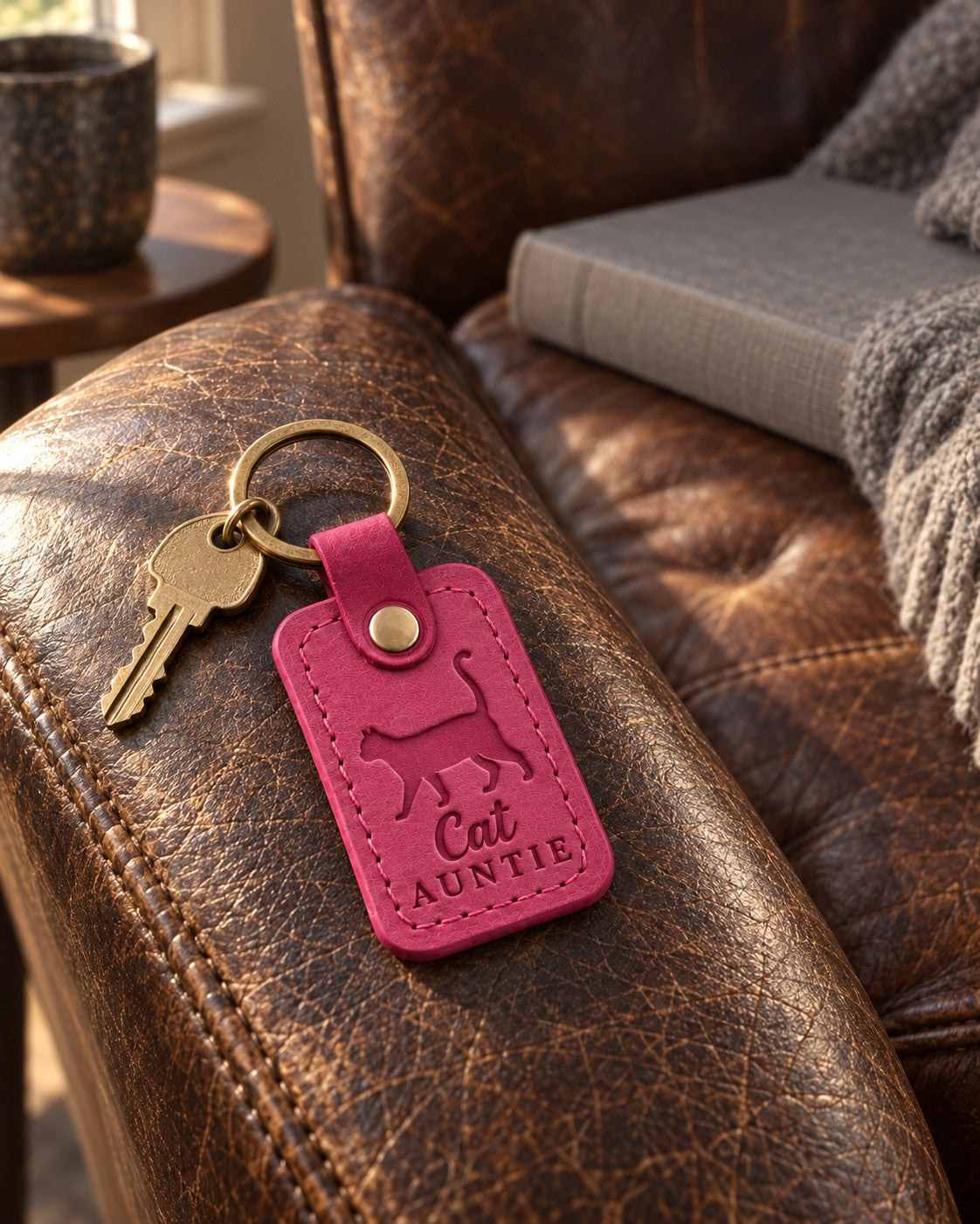 Fuchsia Cat Auntie keychain on a ring of keys beside a wrapped gift on a holiday table