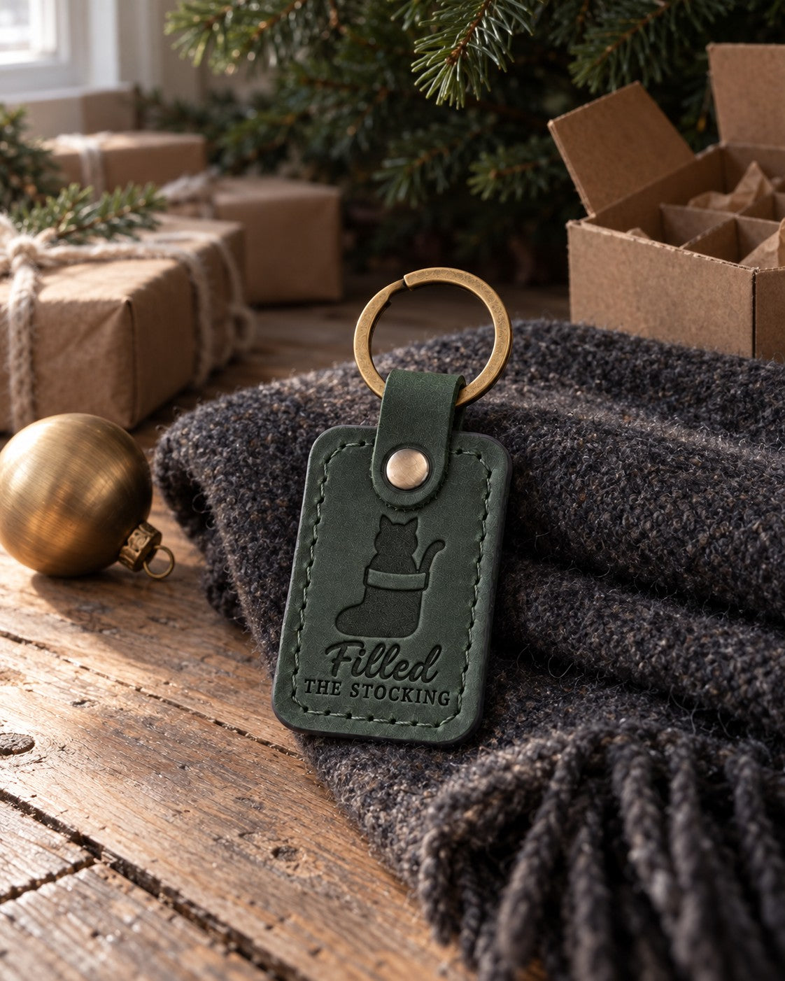 Green Filled the Stocking keychain hanging from a mantel beside a knit Christmas stocking