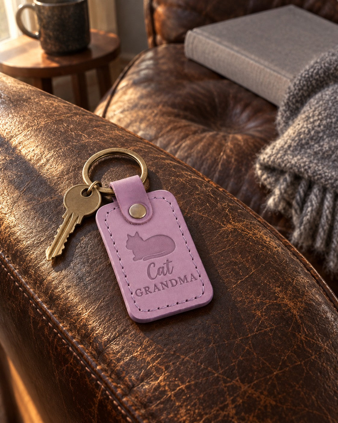 Lilac Cat Grandma keychain on a crocheted blanket beside a pair of reading glasses