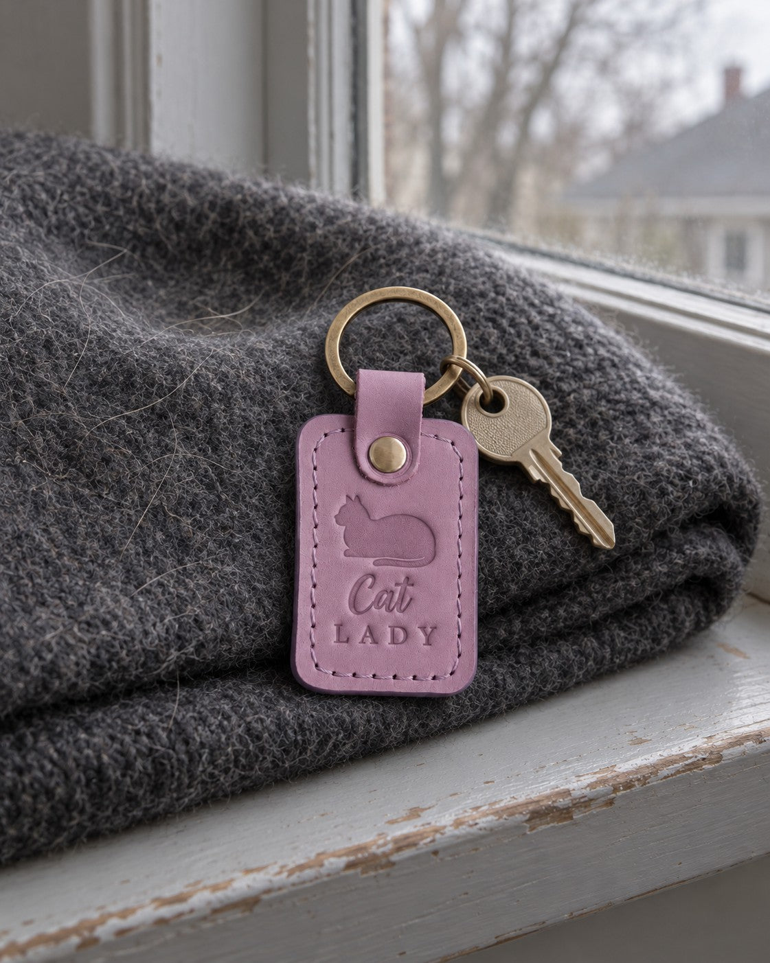 Lilac Cat Lady keychain beside a teacup and an open paperback on a cozy armchair