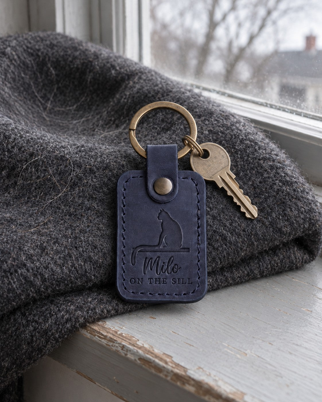 Navy On the Sill memorial keychain resting on a windowsill at dusk