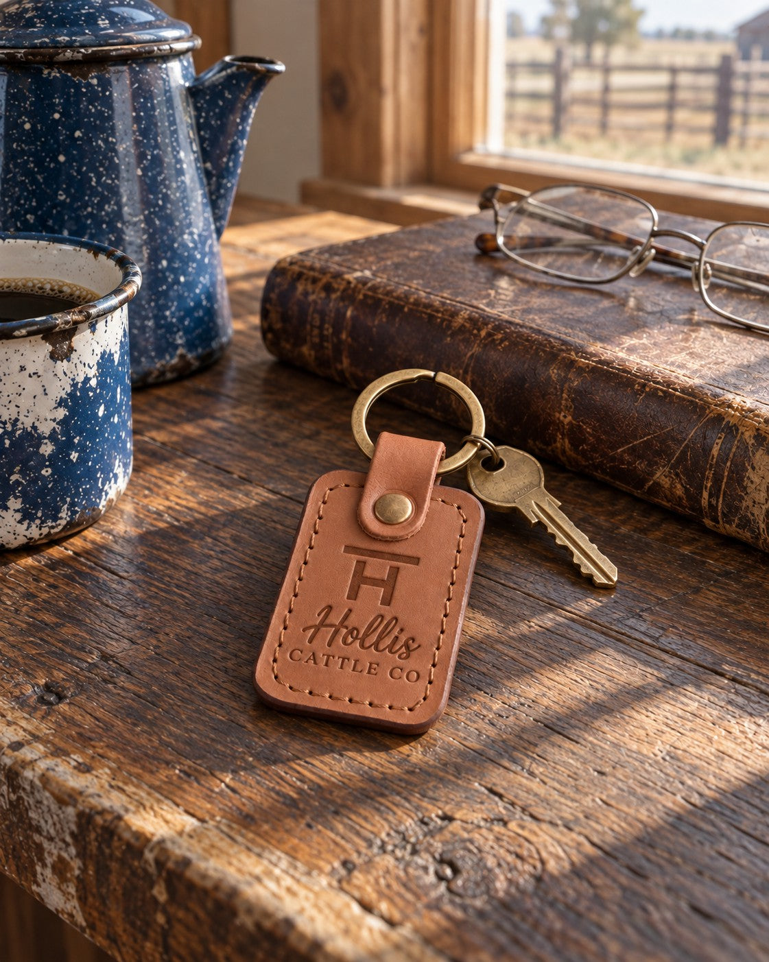 Hollis CATTLE CO keychain in caramel leather on a dark oak kitchen table next to reading glasses and a closed ranch ledger