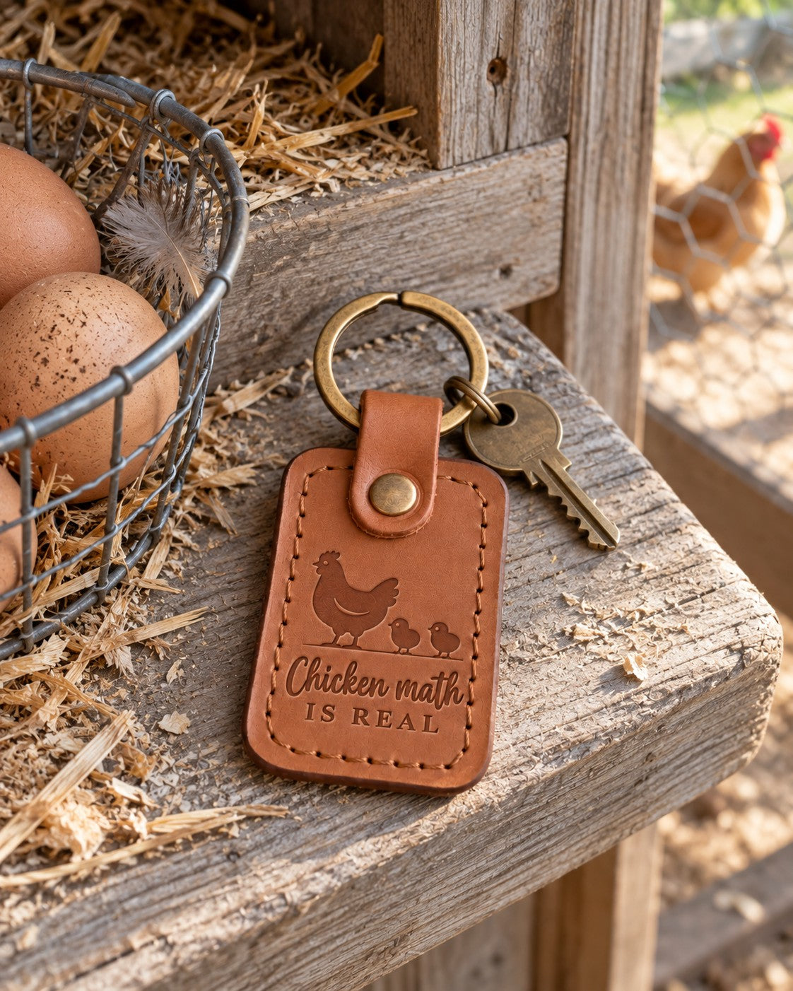 Caramel Chicken Math keychain on a weathered pine nesting box ledge beside brown eggs in a wire basket, a hen soft in the run behind