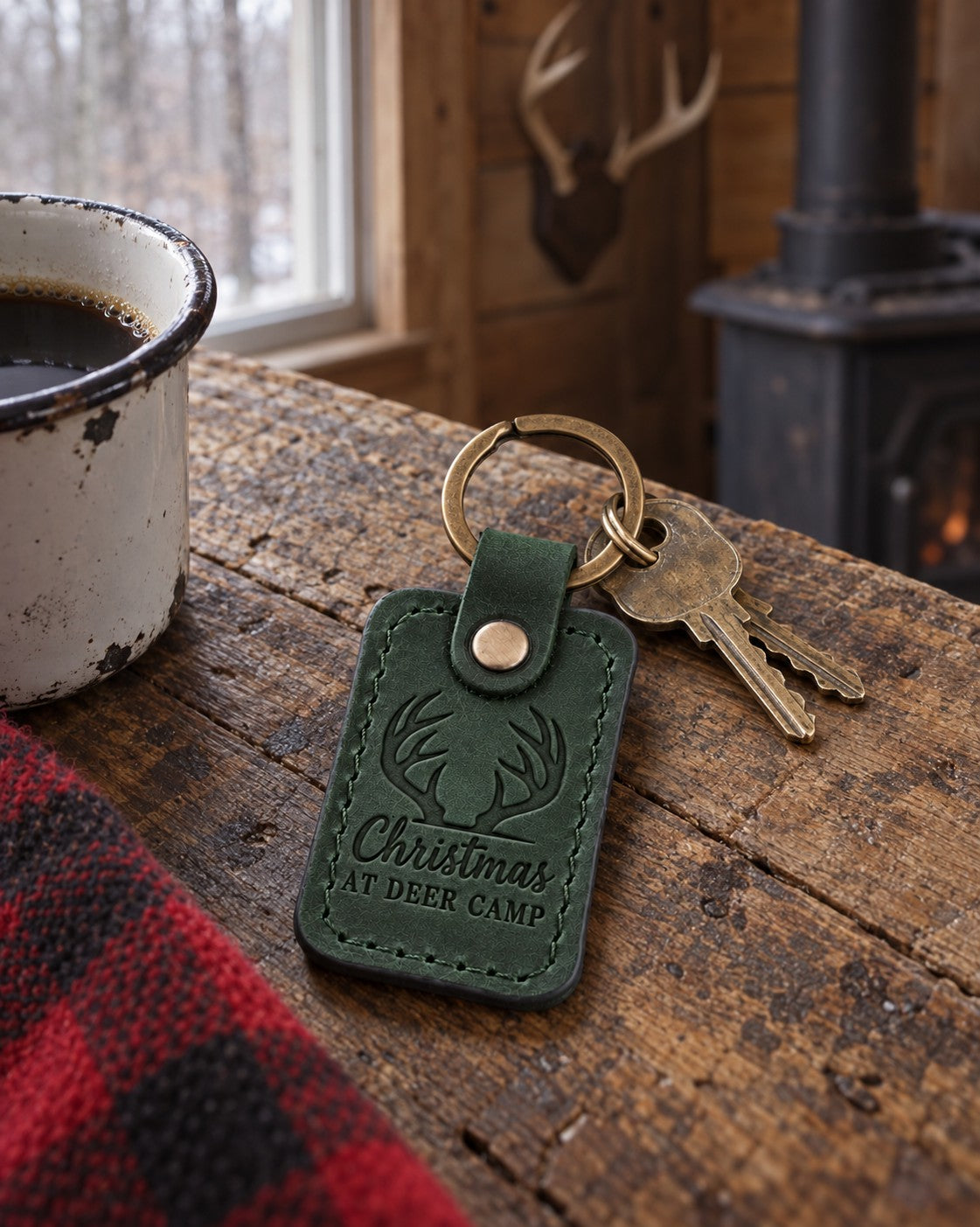 Christmas at Deer Camp keychain in forest green leather hanging from a cabin key beside a woodstove with a stocking above it