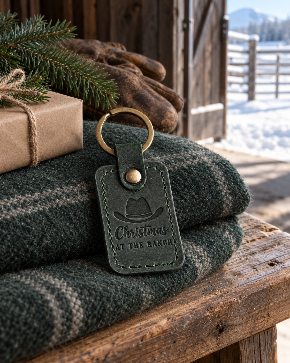 Forest green Christmas AT THE RANCH keychain on a folded green wool blanket on a pine bench inside a barn door, snow on the corral rails beyond