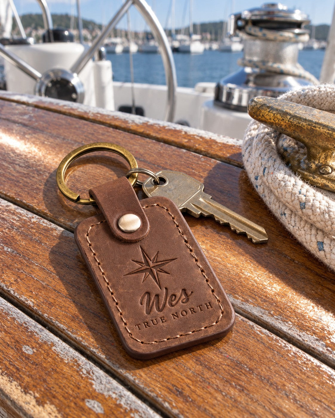 Sicilian brown Wes TRUE NORTH keychain in full-grain leather on the worn teak cockpit table of a sailboat beside a coiled white dock line