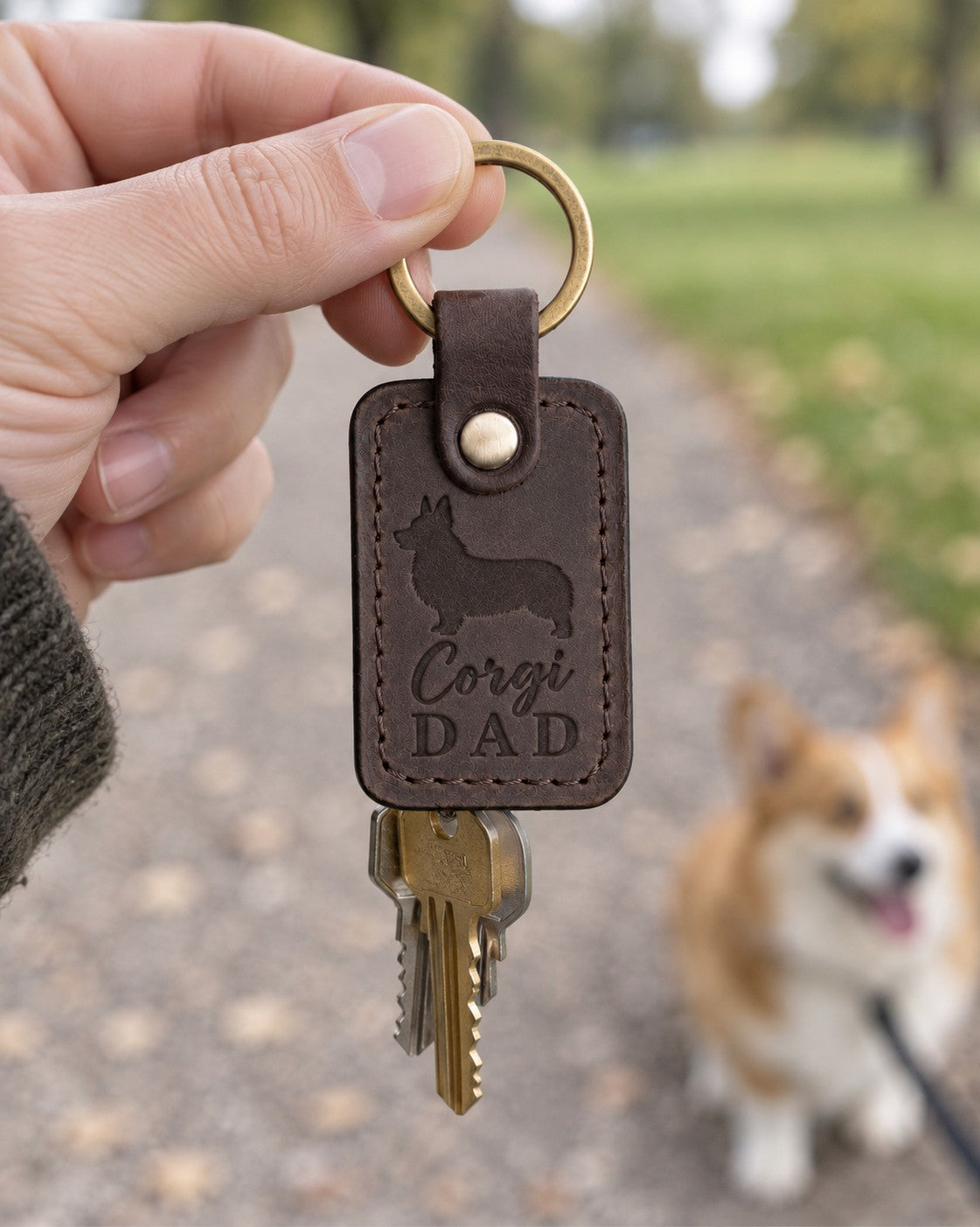 Dark brown Corgi Dad keychain held in a park with a corgi on a leash smiling in the background