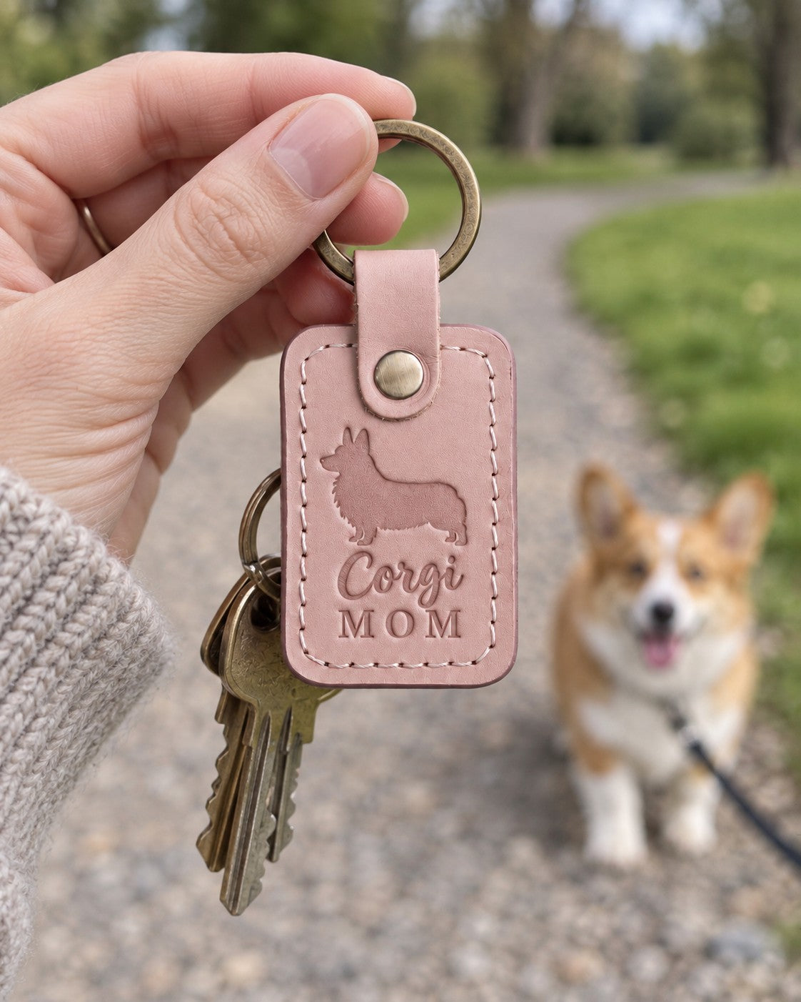Pink Corgi Mom keychain held up on a park path as a smiling corgi on a leash looks toward the camera
