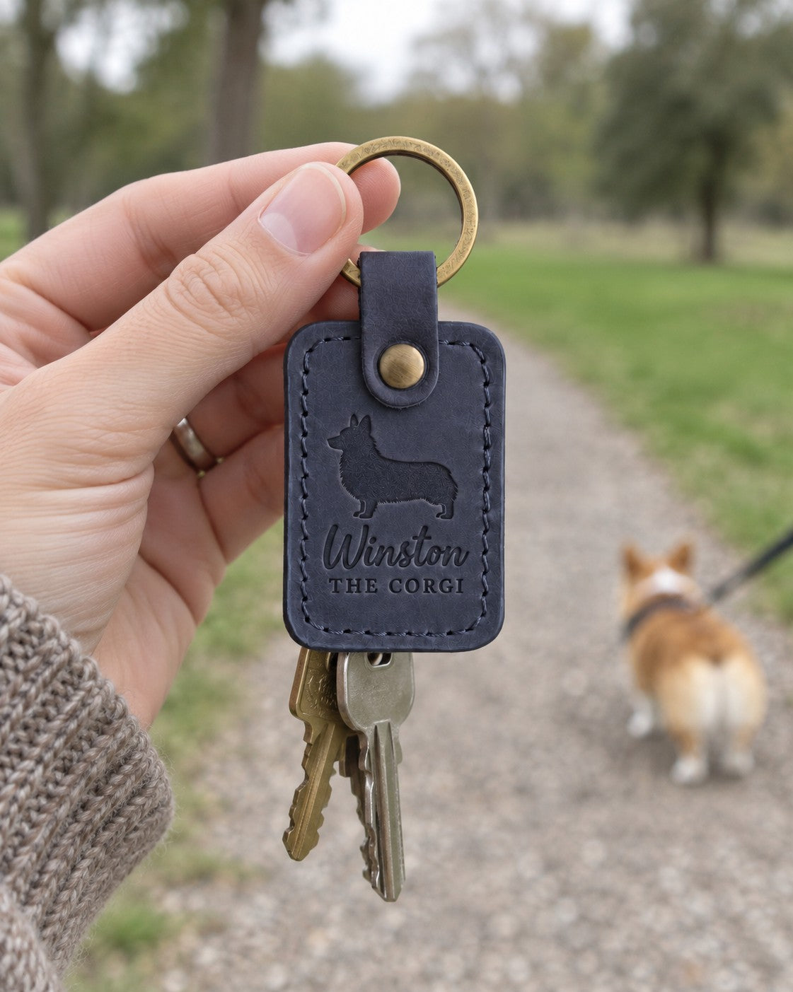 Hand holding the navy Winston the Corgi keychain on a gravel park path, a corgi on a leash in the background