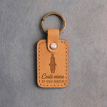 Golden tan leather keychain debossed with a spark plug above Costs more and IF YOU WATCH
