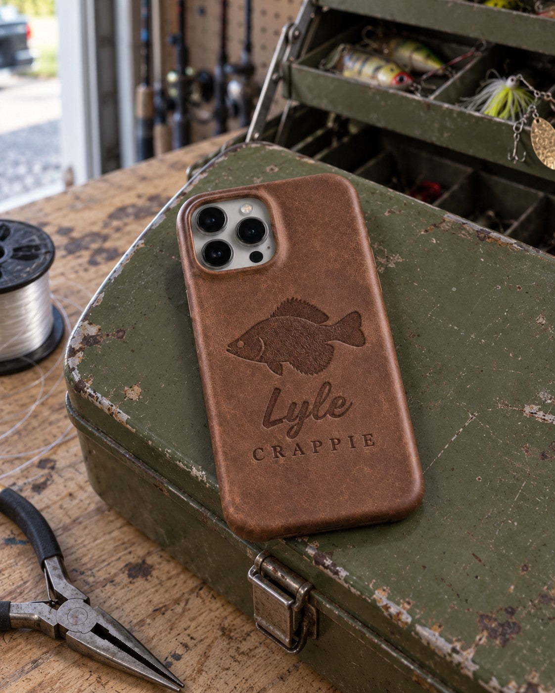 Sicilian brown Lyle CRAPPIE iPhone case in full-grain leather on the lid of an olive-green steel tackle box in a garage, lures in the trays behind