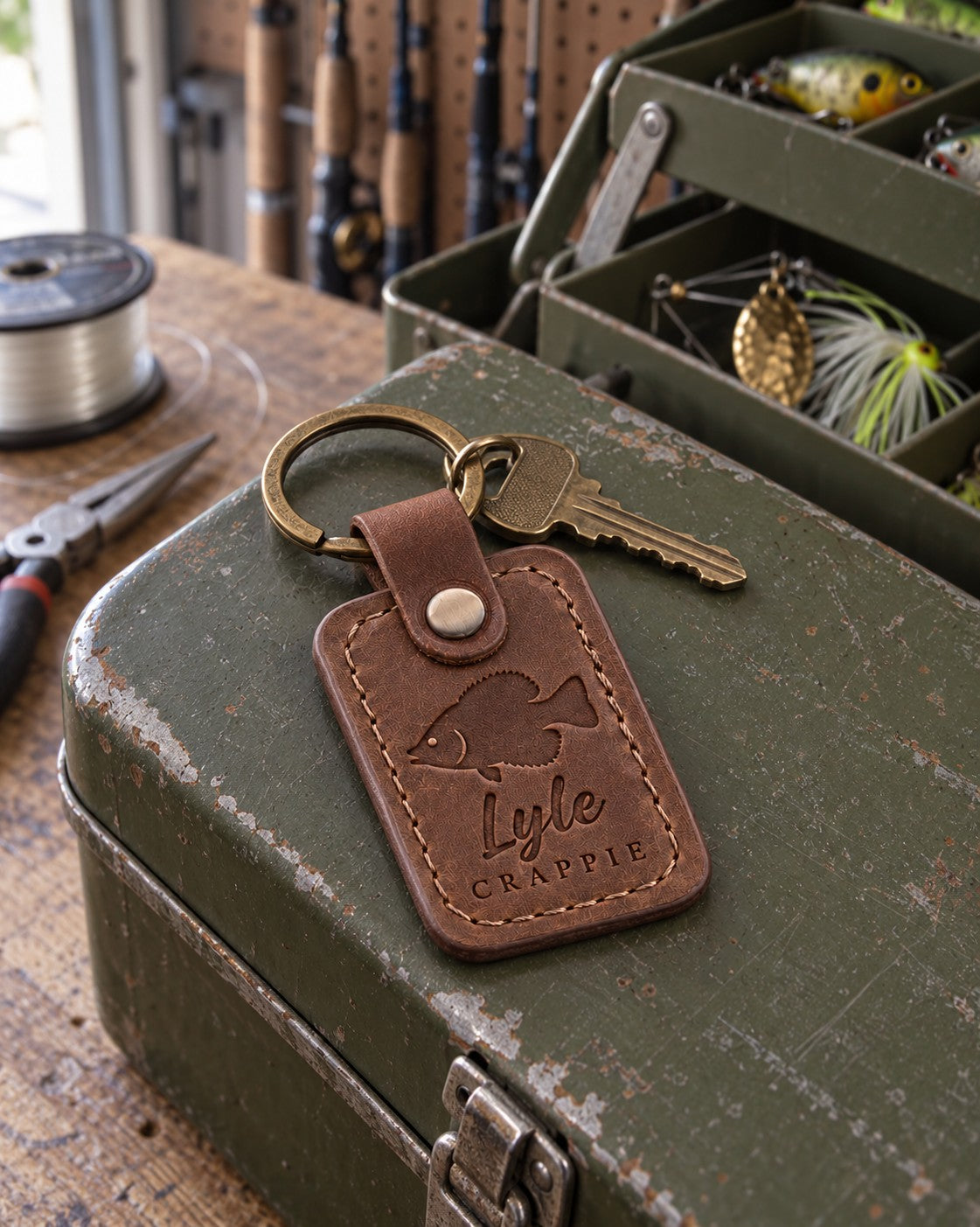 Sicilian brown Lyle CRAPPIE keychain in full-grain leather on the lid of an olive-green steel tackle box in a garage, lures in the trays behind