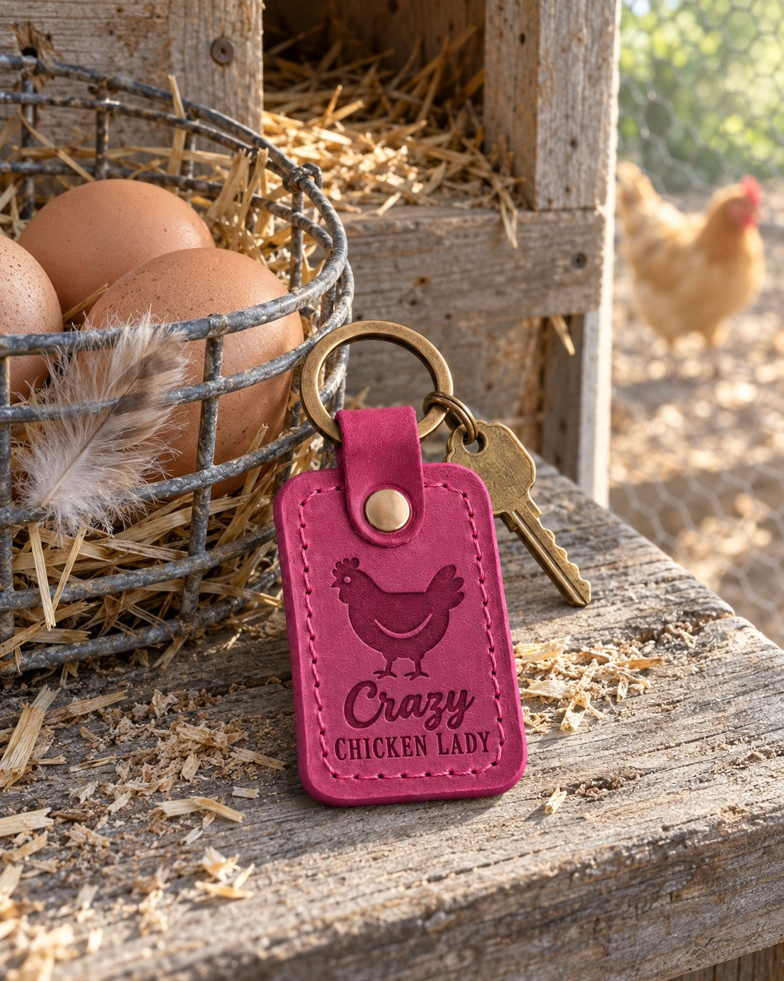 Bright pink Crazy Chicken Lady keychain on a weathered pine nesting box ledge beside brown eggs in a wire basket, a hen soft in the run behind