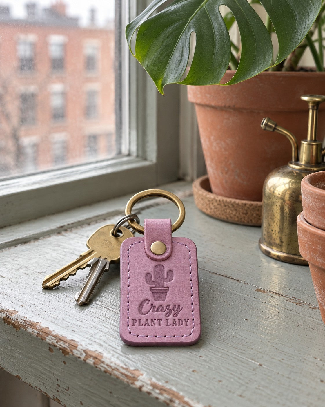 Lilac Crazy Plant Lady keychain on a windowsill crowded with small potted cacti and succulents