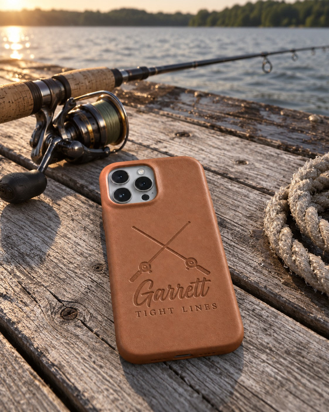 Caramel Garrett TIGHT LINES iPhone case in full-grain leather on sun-bleached dock boards beside a spinning rod in low evening sun