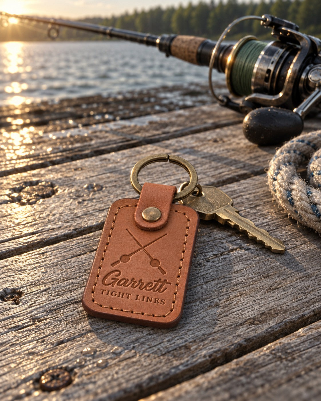 Caramel Garrett TIGHT LINES keychain in full-grain leather on sun-bleached dock boards beside a spinning rod in low evening sun