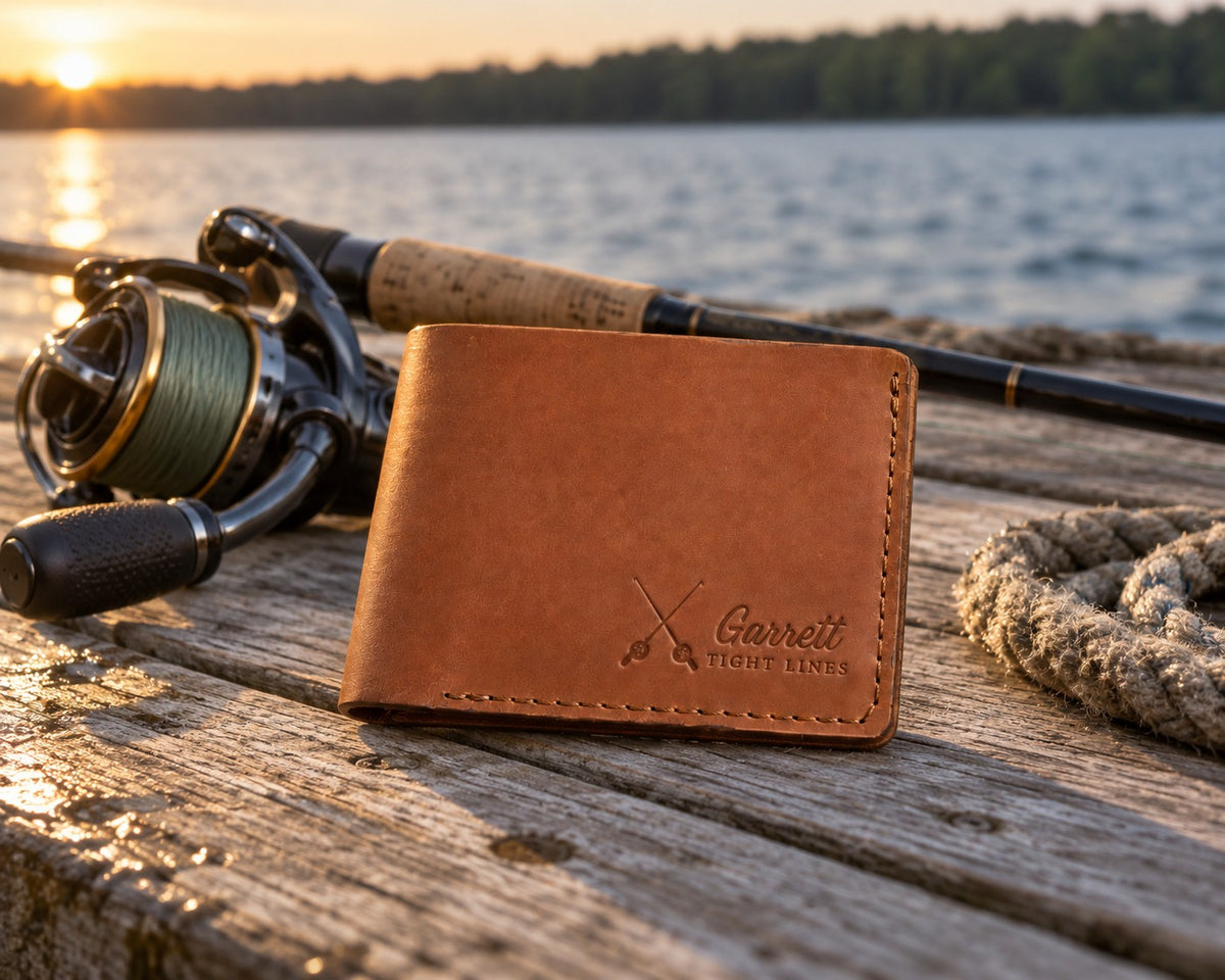 Caramel Garrett TIGHT LINES bifold wallet in full-grain leather on sun-bleached dock boards beside a spinning rod in low evening sun