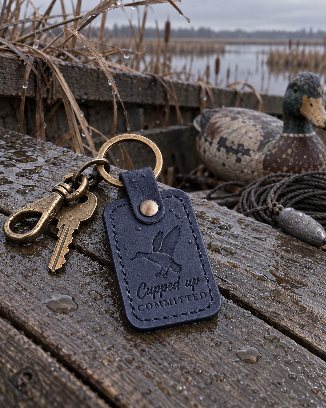 Navy Cupped Up Committed keychain on truck keys resting on a pile of duck decoys in gray morning light