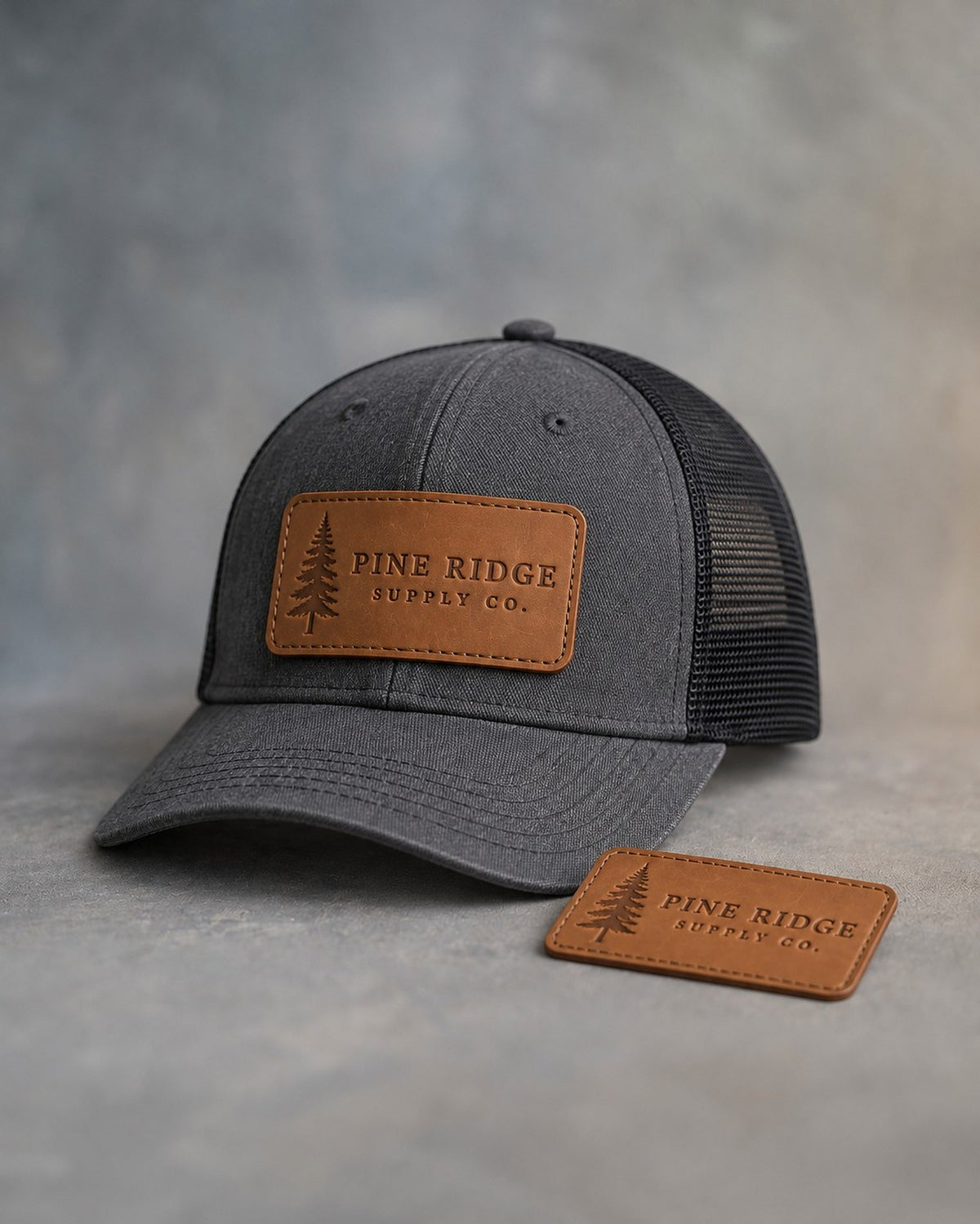 Caramel leather hat patch with stitched edge debossed with a sample business logo, on a grey plaster backdrop