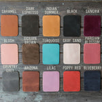 17 leather color swatches for the custom leather hotel room directory: Dark Espresso, Turquoise, Gray Sand and more
