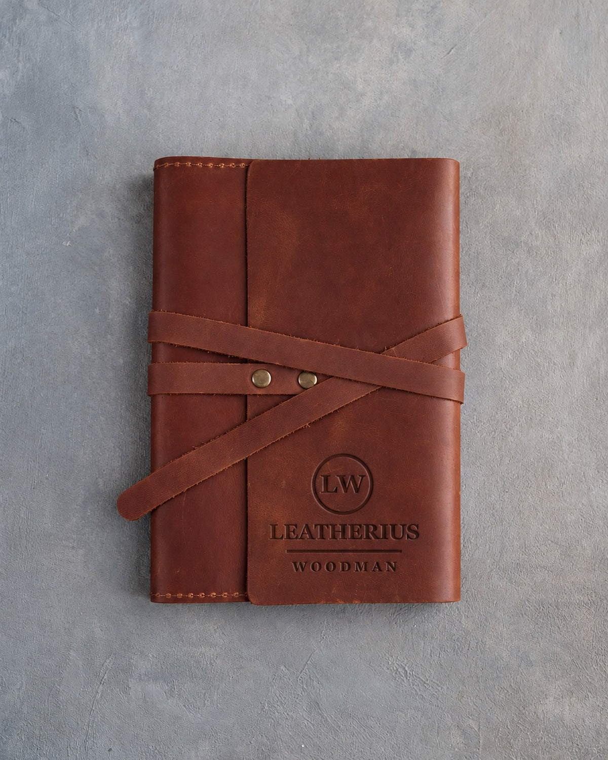 Arizona leather journal with a logo blind debossed on the cover (sample logo: Leatherius Woodman)