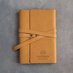 Indian Summer leather journal with a logo blind debossed on the cover (sample logo: Leatherius Woodman)