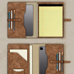 Drawing of two custom padfolio inserts: tablet pocket, pen strap, legal pad, document and card pockets
