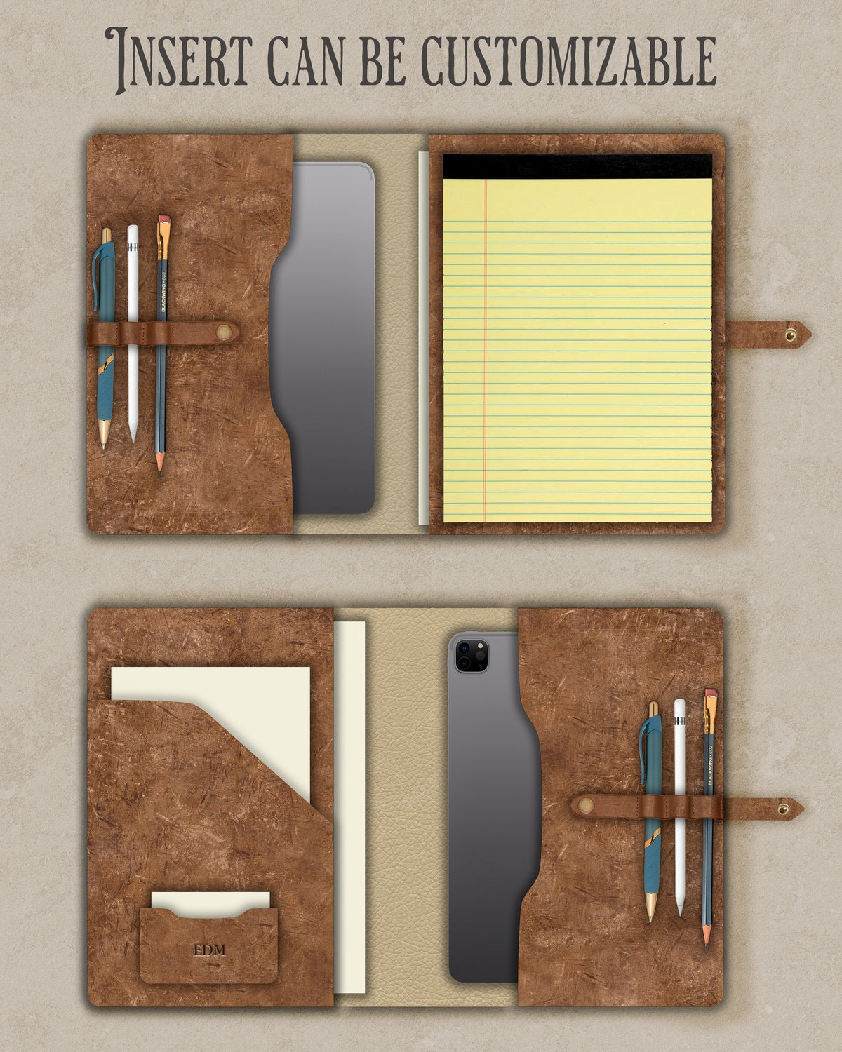Drawing of two custom padfolio inserts: tablet pocket, pen strap, legal pad, document and card pockets