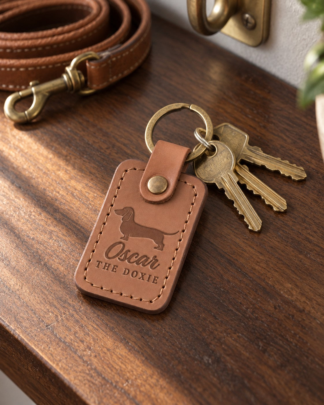 Caramel Oscar the Doxie keychain with brass house keys on a walnut entry table, a tan leash behind