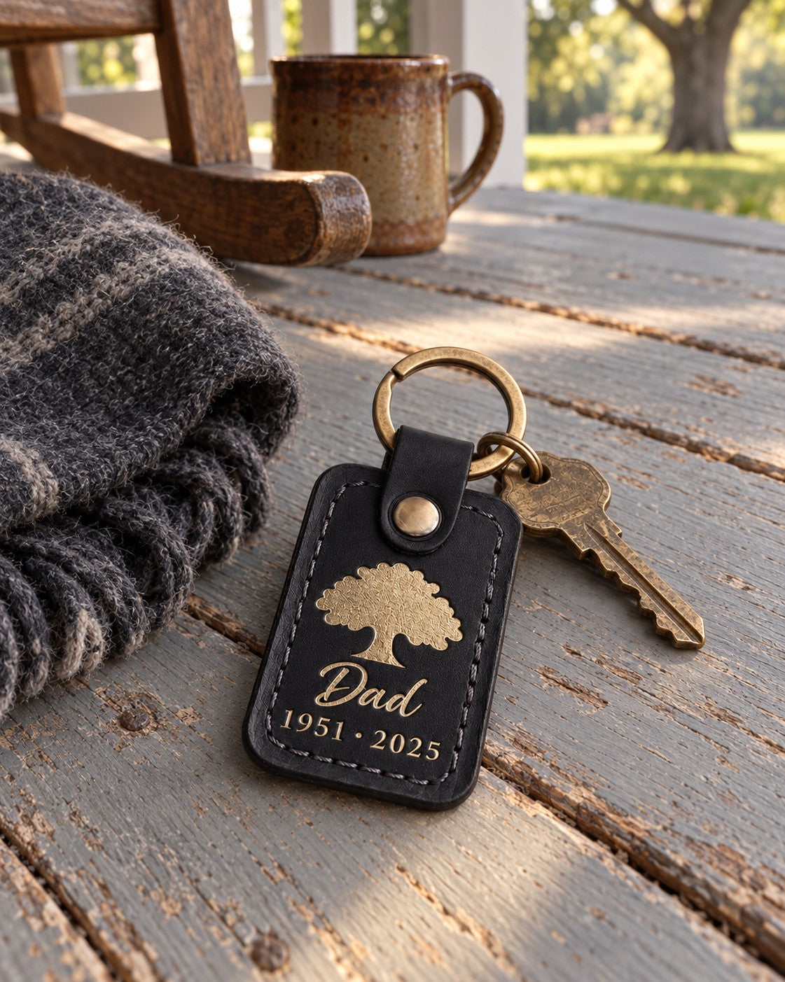 Black Dad memorial keychain with gold lettering held in an open palm in soft window light