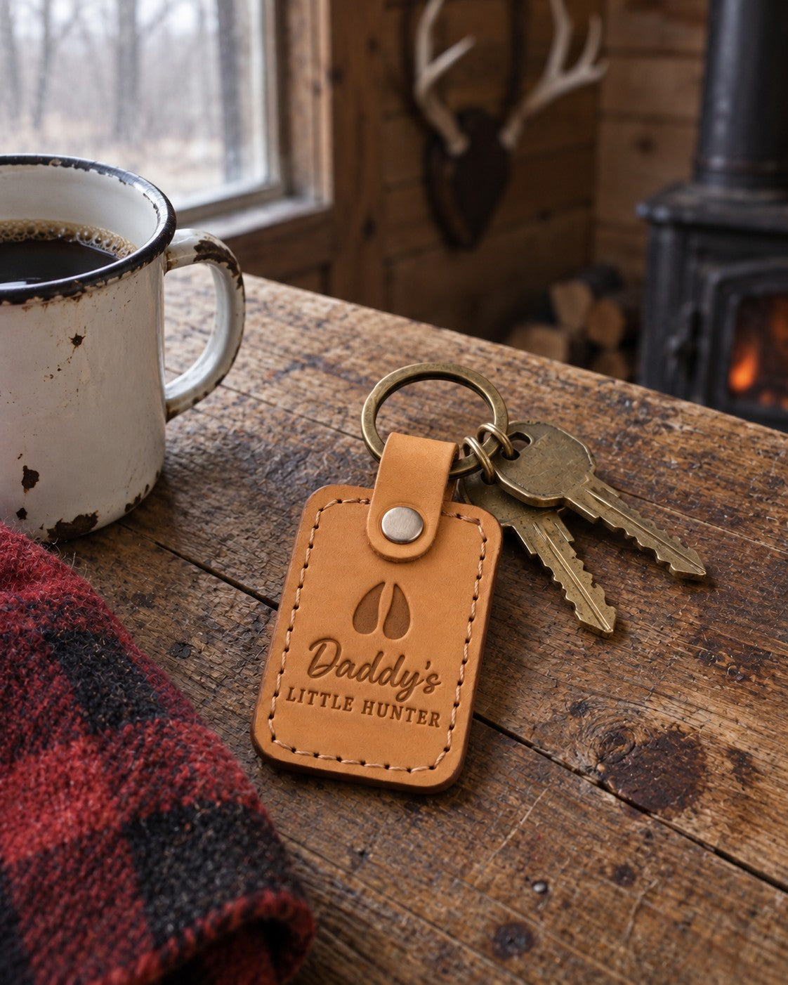 Daddy's Little Hunter keychain in golden tan leather held in a toddler's hand beside a tiny blaze orange cap